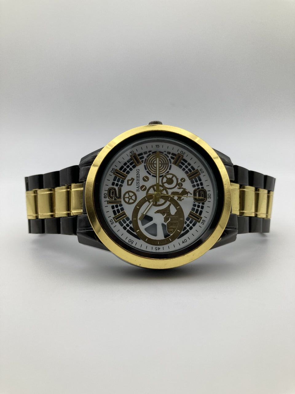 Premium Men’s Watch – Black Metal Strap with Golden Crown Finish, Dual Color Options
