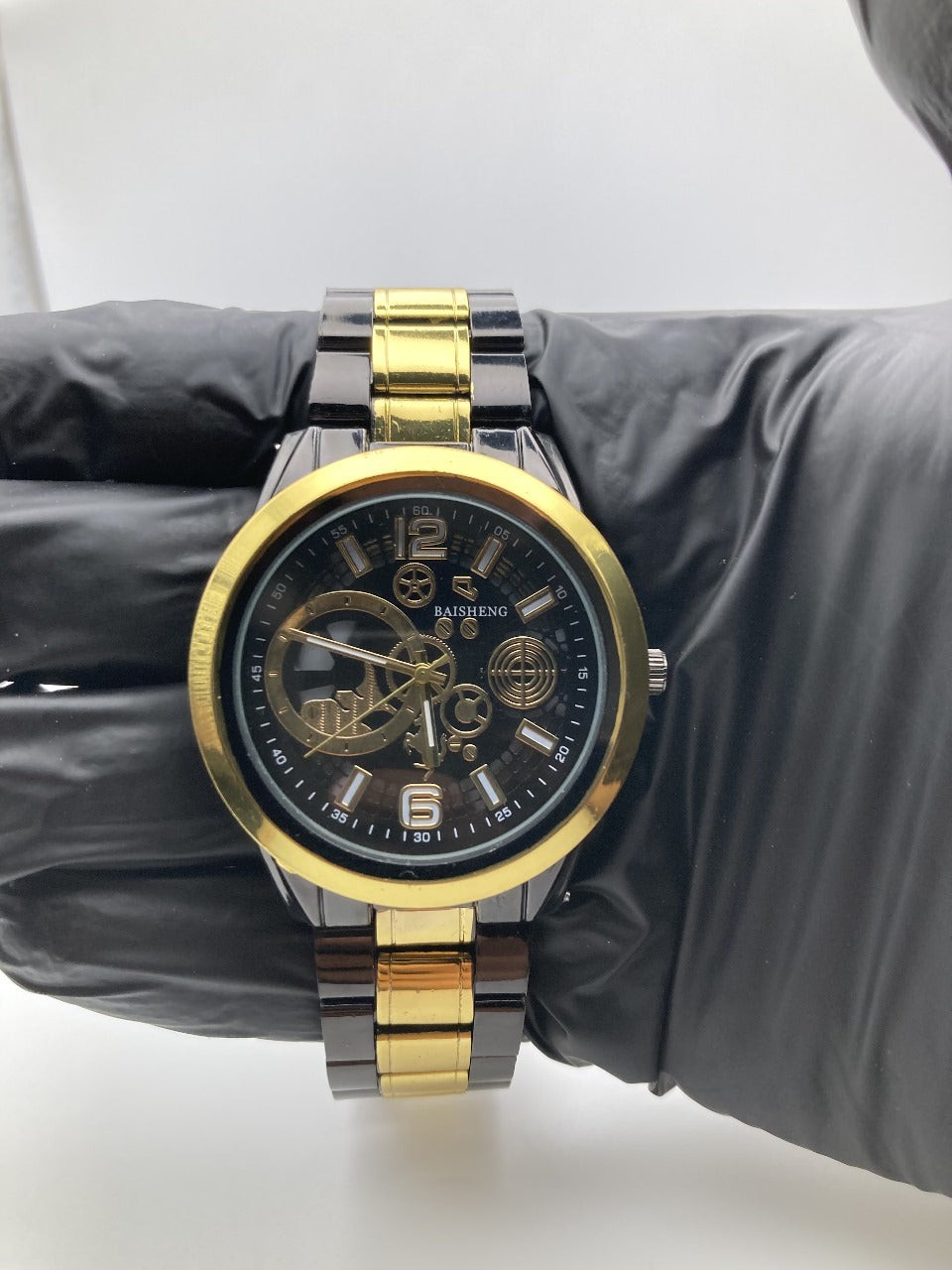 Premium Men’s Watch – Black Metal Strap with Golden Crown Finish, Dual Color Options