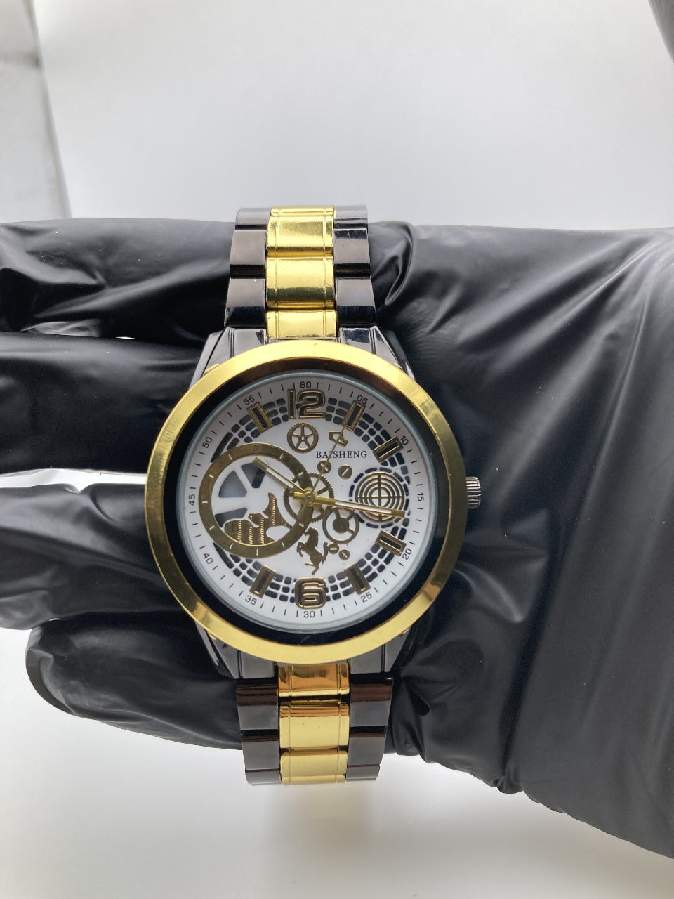 Premium Men’s Watch – Black Metal Strap with Golden Crown Finish, Dual Color Options